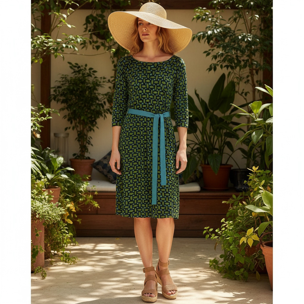 Boden Retro Green Blue Long Sleeve 100% Wool Art Deco Print MIDI Dress Size 4